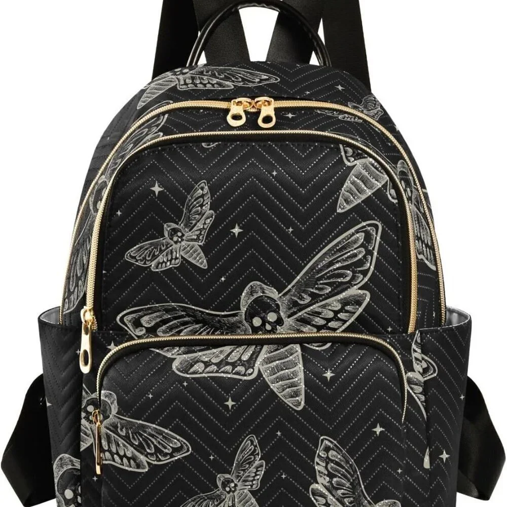 Mini Gothic Backpack with Skull Butterfly Moth Design Small Casual Daypack